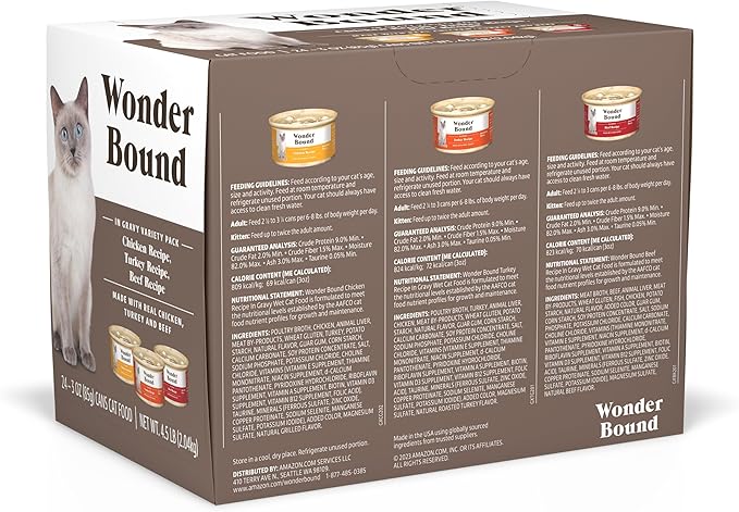 Amazon Brand - Wonder Bound Gourmet Wet Cat Food in Gravy Variety Pack (Turkey, Chicken, Beef), Poultry, Made in USA, 3 Ounce (Pack of 24)