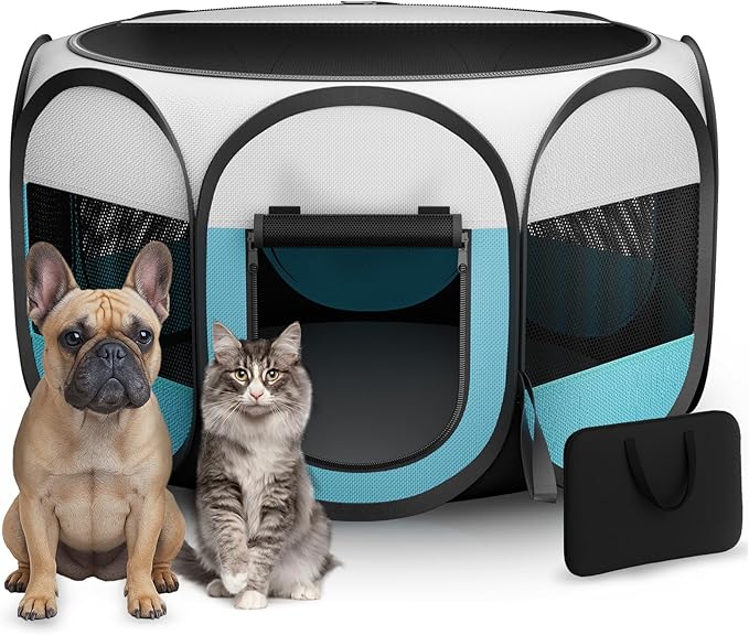 Portable Cat Playpen for Indoor Enclosed: Foldable Pet Playpen for Cat Small Dog Indoor Outdoor with Zipper Top Cover - Pop Up Puppy Kitten Tent Crates Cage Kennel with Carrying Case (Blue/White)