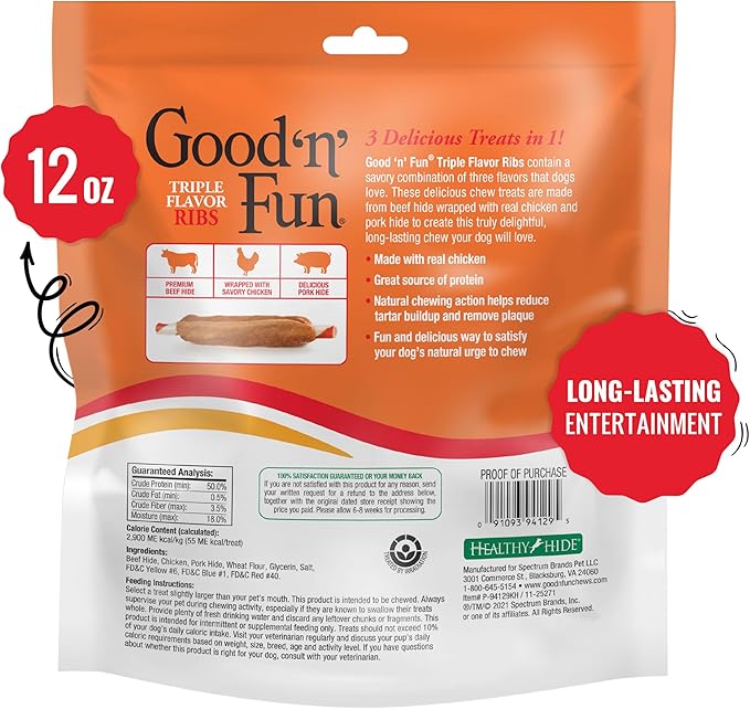 Good 'n' Fun Triple Flavor Ribs Chews for All Dogs, Treat Your Dog to Long-Lasting Chews Made with Beef Hide, Chicken and Pork Hide, 12 Ounces (Pack of 3)