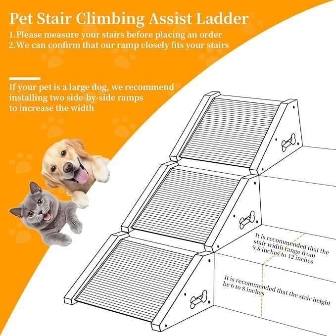 2-Pack Wooden Dog Ramp for Stairs - with Carpet Surfac with Anti-Slip Bone Strips. Small Dogs-Natural Pine Wood Pet Step Ramp&Assist for Senior, Injured Pets, Porch Steps Indoor Use