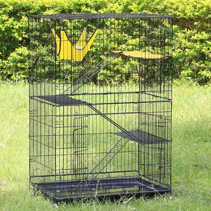 Yaheetech 49'' Collapsible Cat Cage 4-Tier Metal Cat Kennel Ferret Enclosure Chinchilla Cage with Rotating Casters/Ramp/Ladders/Hammock for Indoor Kitten