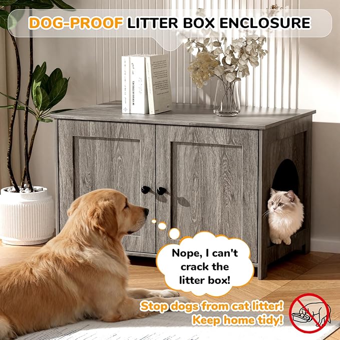Cat Litter Box Enclosure Furniture Dog Proof, Hidden Kitty Washroom Low Entry, Wooden Cat Boxes Enclosure Odor Control for Home, Farmhouse Style Decorative Cabinet with Storage,Oak Grey