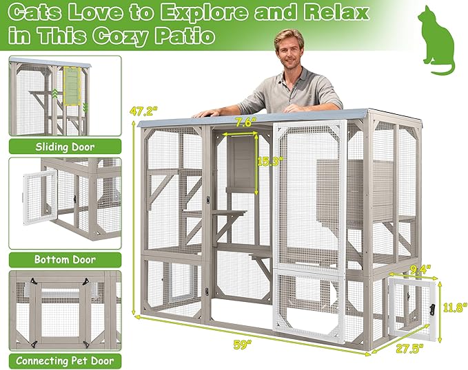 PetsCosset Catio Outdoor Cat Enclosures 4 Story Large Cat's House for Indoor Outdoor Window Catio Wooden Outside Kitty Patio with Resting Room,Waterproof Roof,Jumping Playforms (47" H Cat Catio)
