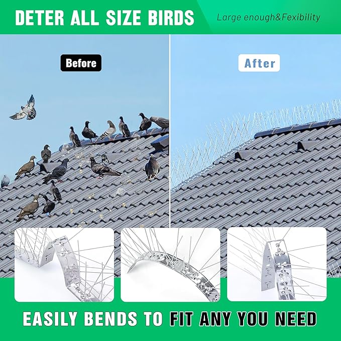 Bird Spikes Stainless Steel Bird Spikes Pigeon Spikes for Outside to Keep Birds Away with 7.9 Inch Wider Coverage 19.7 Feet Length Disassembled with Stainless Base for Small Bird Fence Roof Blacony