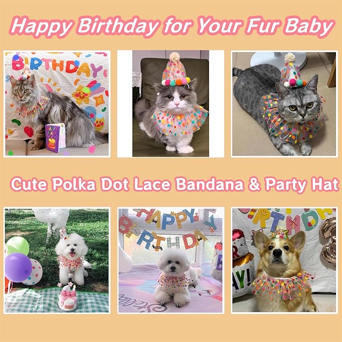 Cute Pet Birthday Costume Bandana Scarf Bib and Hat Set for Cat and Dog, Cat Dog Birthday Decorations Outfits (Polka Dot)