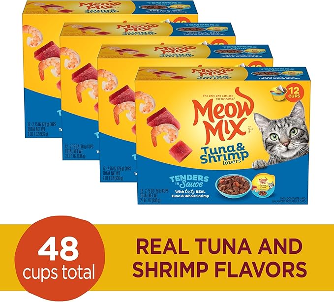 Meow Mix Tenders in Sauce Wet Cat Food,Tuna & Shrimp,2.75 Ounce Cup,(Pack of 96)