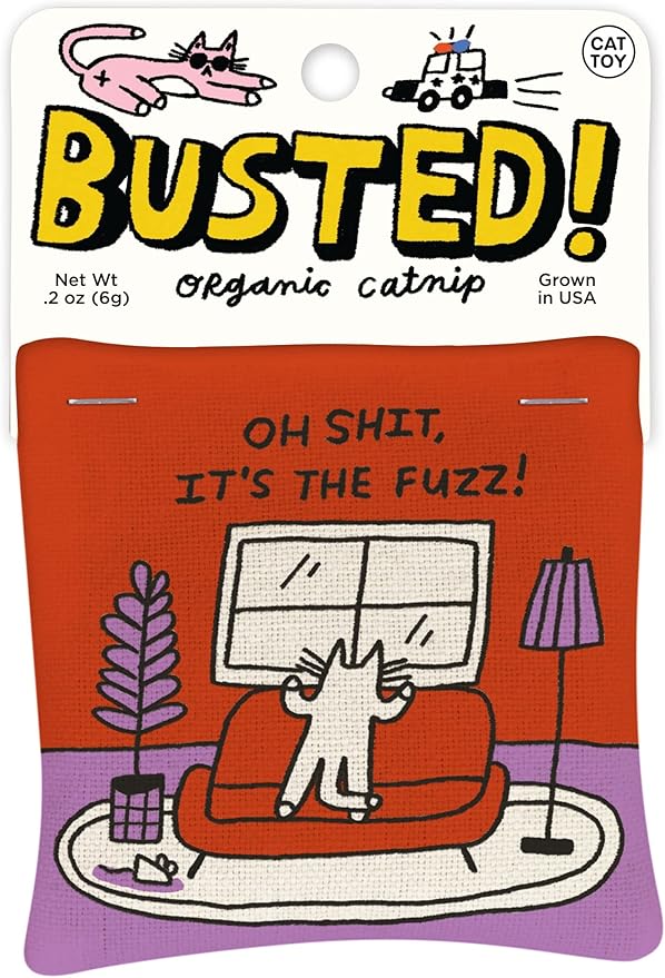Blue Q Busted Oh S, It's The Fuzz Catnip Toys - Durable Cat Toys for Biting, Premium USA-Grown Organic Catnip, Pet Supplies, 100% Silk-Screened Cotton Pouch w/Funny Kitty Graphics, Cat Birthday Gift