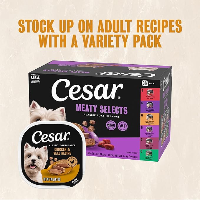 Cesar Classic Loaf in Sauce Adult Wet Dog Food Chicken and Veal Recipe, 3.5 oz. Easy Peel Trays, 24 Count (Pack of 1)
