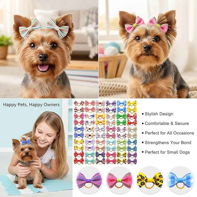 Puppy Dog Hair Bows: with Rubber Bands Small Pet Grooming Girl Doggy Accessories Gifts 60pcs (30 Pairs)
