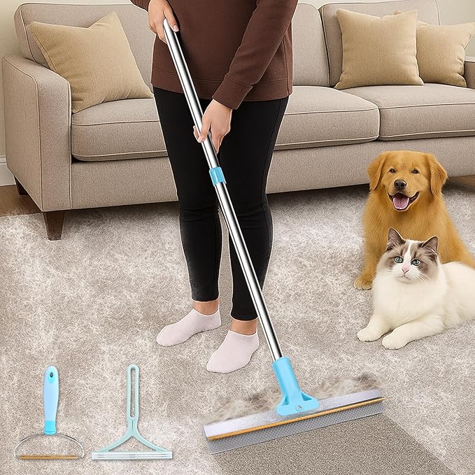3PCS Pet Hair Removal Tool - Reusable Carpet Rake for Deep Stubborn Cleaning with Copper Head Scraper and Silicone Scraper, 52" Adjustable Long Handle Dog Hair Remover Broom for Sofa, Rugs, Couch, Car