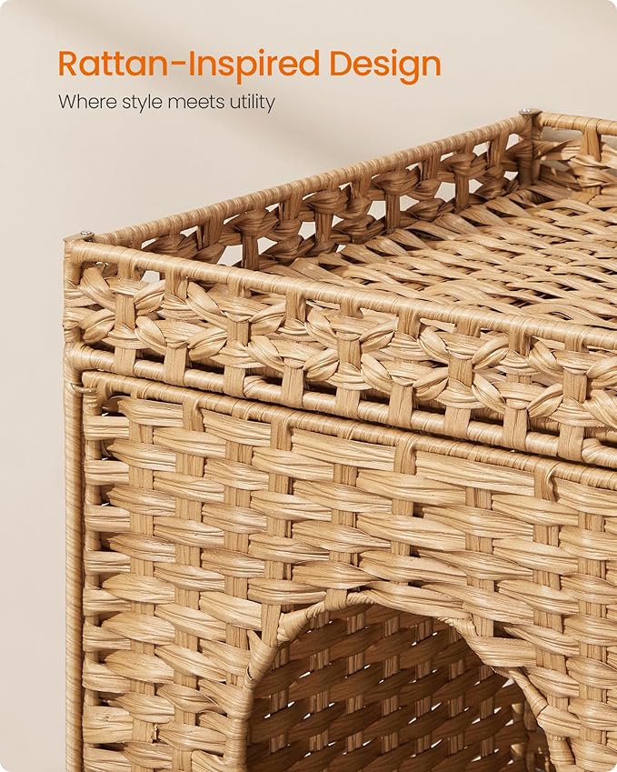 Feandrea Cat Litter Box Enclosure, Handwoven Rattan Hidden Litter Box Furniture with Extra Mat, Removable Washable Tray, Boho Cat House, End Table, Goose Yellow UPCL024YE01