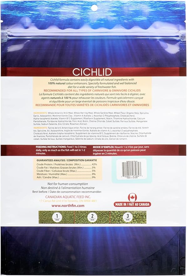 Northfin Cichlid Formula Fish Food – Slow Sinking Pellets for Cichlids (3mm, 1kg) | Premium High-Protein, All-Natural Cichlid Diet to Enhance Color & Growth – No Fillers, No Hormones, Made in Canada