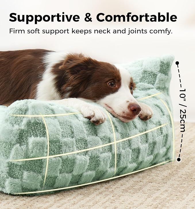 Made4Pets Dog Couch Bed, Soft Faux Fur Checkered Indoor Pet Sofa, Comfortable Fluffy Dog Sofa with Supportive Foam, Removable Washable Cover with Non-Slip Base, Sage Green, Large