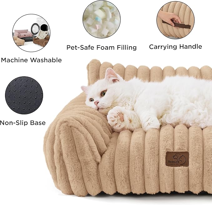 Bedsure ComfyFleece™ Cute Cat Couch for Pets - As Seen on TV on Good Day New York, Fuzzy Cats beds for Indoor Cats with Removable Washable Cover, Supportive Pet Sofa, 24inch, Sandy Beige
