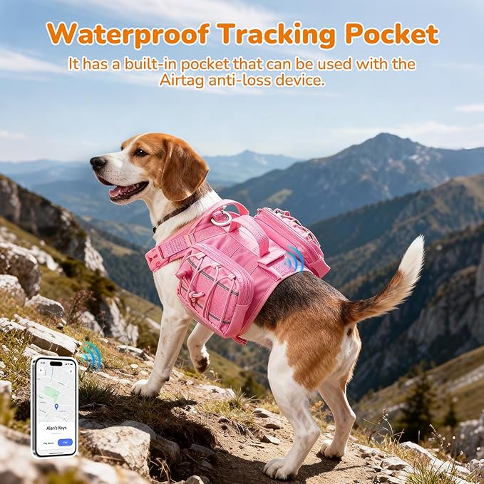 Medium Dog Harness Backpack, No Pull Adjustable Dog Vest with Handle & Leash Ring, Lightweight Dog Backpack with Side Pockets for Walking, Training & Day Hikes, Pink, M