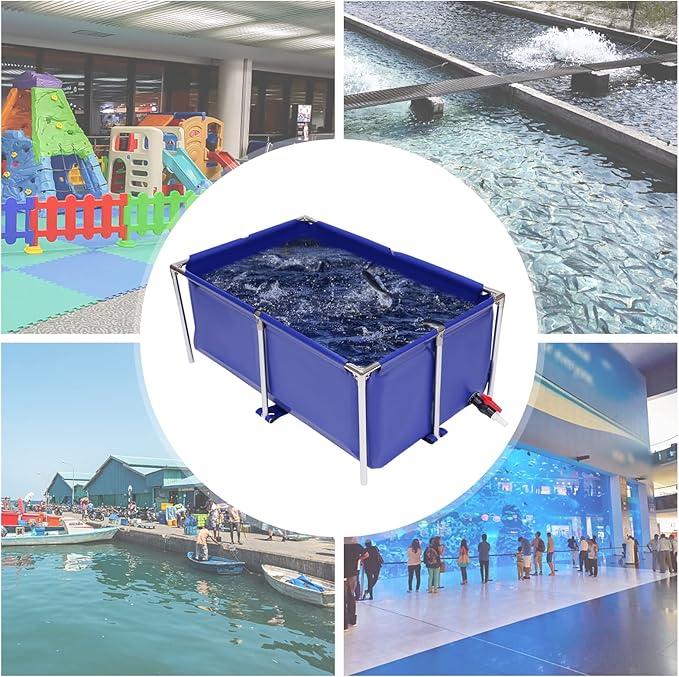 Canvas Fish Pond Aquarium Fish Water Tank, Koi Breeding Pond with Metal Frame and Drain Valve,Blue Cuboid Ornamental Swimming Pool Foldable Water Storage Above Ground Pond for Home