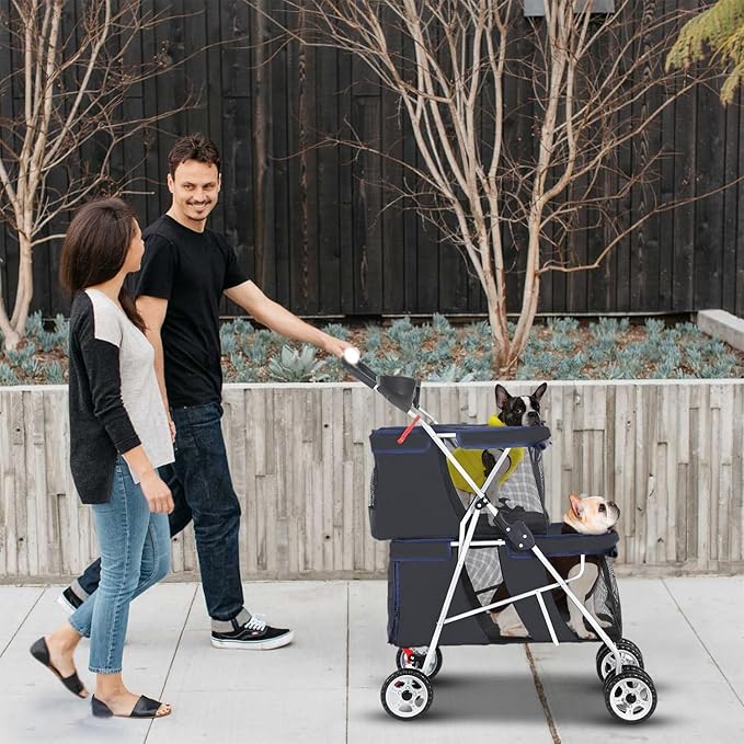 FDW 4 Wheels Pet Stroller Dog Cat Carriers Bag Lightweight Waterproof Folding Jogger Double Stroller with Cup Holders,Black