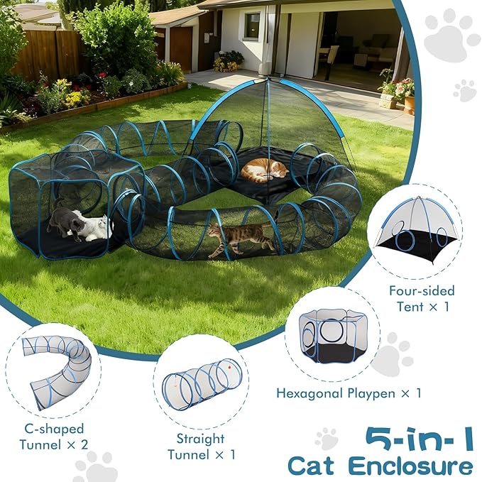 Outdoor Cat Enclosure, 5-in-1 Cat Tent Outdoor Pet Playpen with Tunnel, Portable Catio Play Pen for Outside and Indoor cat Enclosure with Storage Bag for Kitty and Small Animals