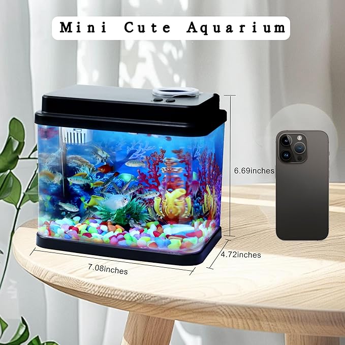 Mini Aquarium, 1 Gallon Small Fish Tank, 6-Color Adjustable LED Fish Bowl, 3-in-1 Dual-Mode Water Pump with Circulation, Oxygenation and Filtration,Ideal Gift and Decoration Choices