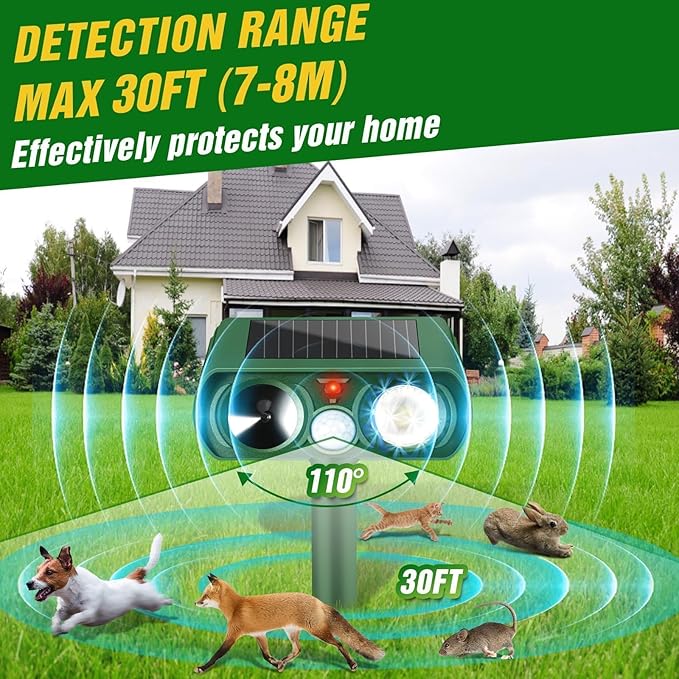 Ultrasonic Cat Deterrent, Motion Detection Solar Cat Deterrent Outdoor with LED Flash Light Waterproof, Suitable for Yard Farms with Cats and Dogs