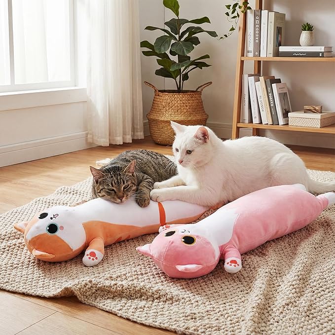 2 Pcs Large Kitty Shaped Pillows for Dogs and Cats Pet Plush Gifts Long Body Stuffed Animal Sleeping Pillows for Medium Large Sized(Minimalist,Orange,Pink)