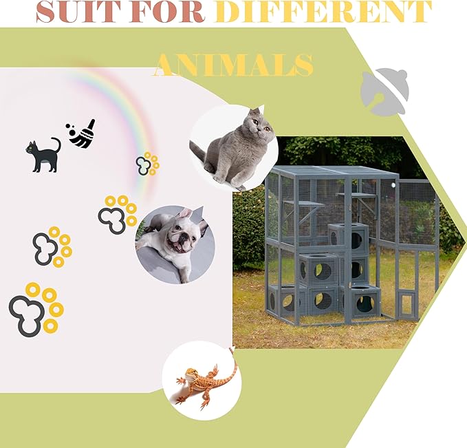 Merax Wooden Catio Indoor Outdoor Cat Enclosure with 7 Removable Boxes, Luxury Cat Cage Condo with Large Enter Door, 2 Platforms, Small House with Locks & Waterproof Roof， Grey