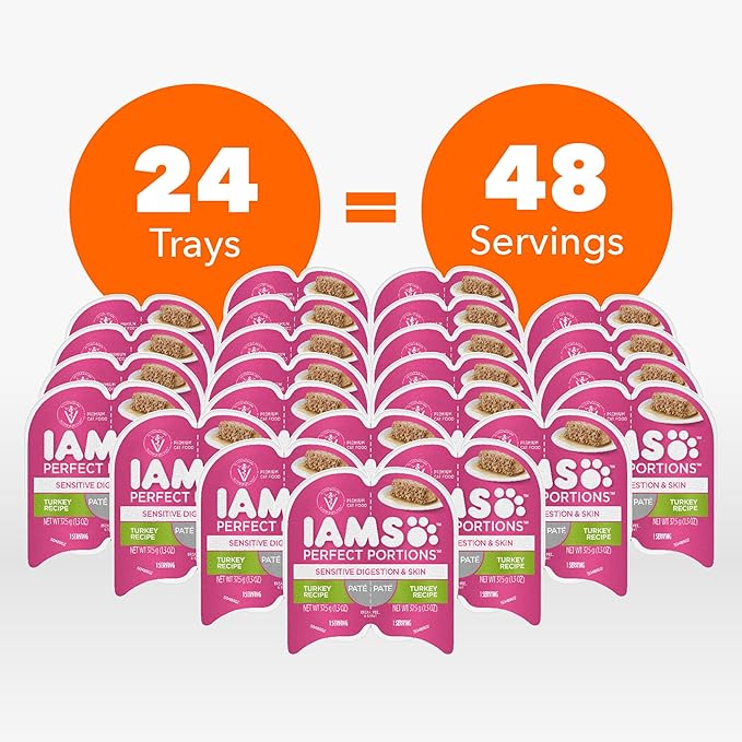 IAMS Perfect Portions Sensitive Digestion & Skin Wet Cat Food Pate, Adult Grain Free Pate, Turkey Recipes, (24) 2.6 oz. Twin-Pack Trays