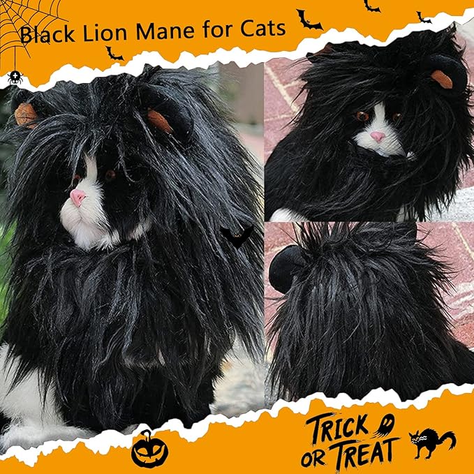 Cat Halloween Costumes- Black Lion Mane Wig Pet Costumes Hat for Halloween Christmas Dress Up Accessories Decoration for Kitten Cats, Size S