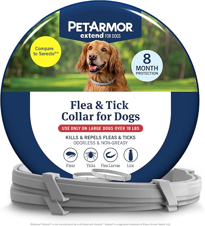 PetArmor Extend Large Dog Flea and Tick Treatment & Prevention, Collar for Large Dogs Above 18 lbs., 8 Months of Protection, Odorless & Non-Greasy, Waterproof, Kills Fleas, Ticks, and Larvae, 2 Count