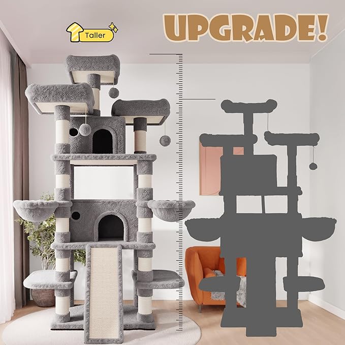 SHA CERLIN 81 Inches Extra Large Cat Tree for Indoor Adult Cats/XXL Big Cat Tower with Condo/Cozy Perches/Sisal Scratching Posts and Hammocks/Activity Center/F80/Heavy Duty/Grey