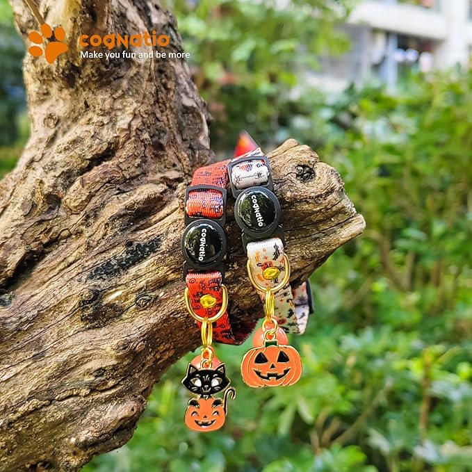2 Pack Breakaway cat Collars with Bell,Safety Quick Release Pendant Cute Kitten Collar,Adjustable 20-30cm (Halloween2, 20-30cm)
