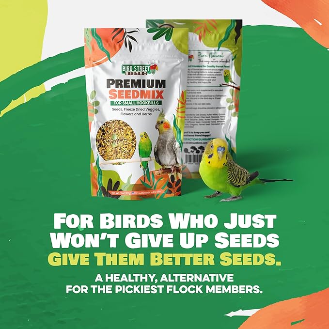Bird Street Bistro Premium Bird Seed Mix – Natural Foraging Food for Parrots, Conures, African Greys & Cockatiels – Healthy Whole Grain Parrot Food, No Fillers or Additives – 11oz Bag