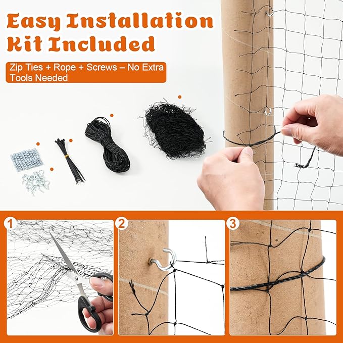 Pet Safety Net for Balcony, 3x6M Heavy Duty Nylon Mesh Cat Protection Netting, Cuttable Safety Net with Zip Ties, Rope & Screws, Anti-Fall Fence Net for Window, Stairs, Balcony, Indoor Outdoor Use