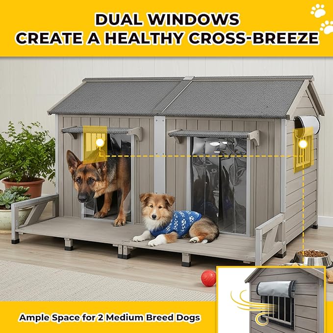 59" Large Dog House for 2 Dogs XL Wooden Dogs House Outdoor with Weatherproof Openable Roof, Window, All-Around Iron Frame, Removable Floor, Large Balcony