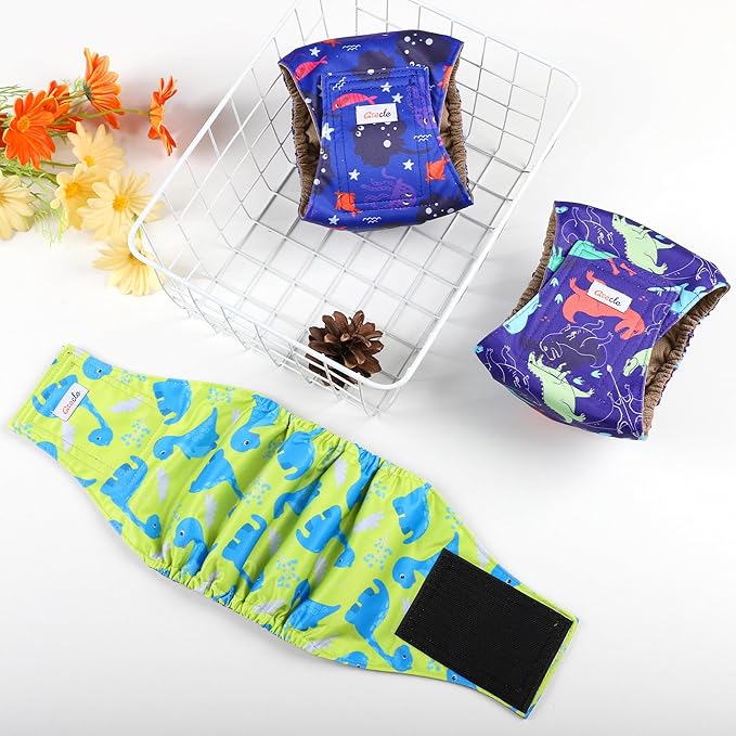 5 Pack Dog Diapers Male Reusable, Premium Belly Bands for Male Dogs, High Absorbing Male Dog Pee Wraps for Doggie in Incontinence or Excitable Urination and Training Dinosaur XXL