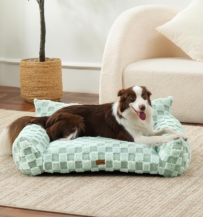 Made4Pets Dog Couch Bed, Soft Faux Fur Checkered Indoor Pet Sofa, Comfortable Fluffy Dog Sofa with Supportive Foam, Removable Washable Cover with Non-Slip Base, Sage Green, Large