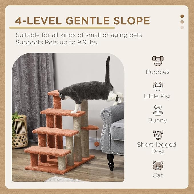 PawHut 4 Levels Cat Steps, Pet Stairs Carpeted Ladder, Kitten Tree Climber with Scratching Posts, Hanging Play Ball, Side Step, for High Bed, Sofa, Brown