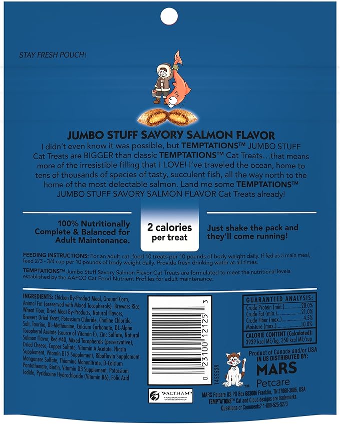Temptations Jumbo Stuffed Cat Treats, Crunchy and Soft Cat Treats, Savory Salmon Flavor, 5.3 oz. Pouches (Pack of 10)