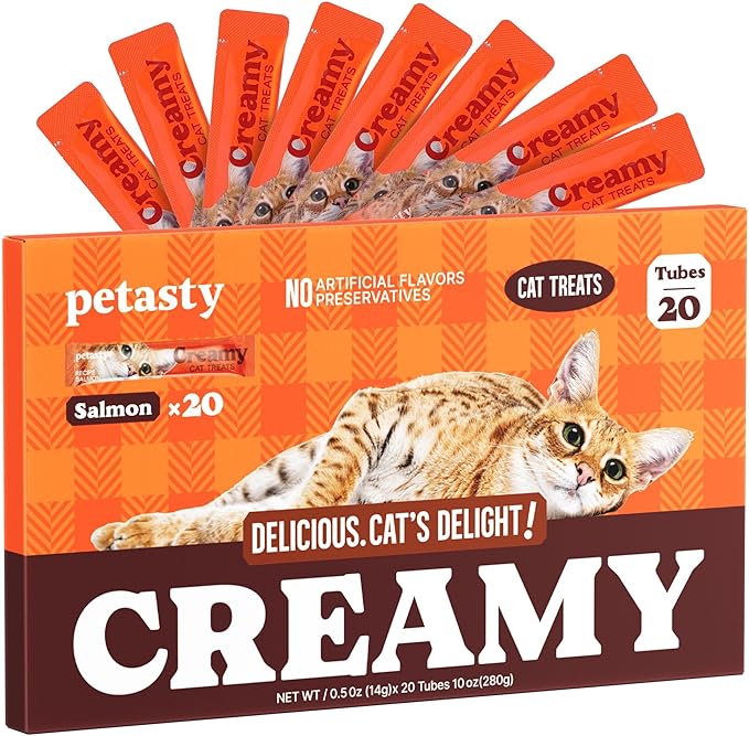 Lickable Cat Treats, High Moisture Hydrating Creamy Puree Squeeze Tubes, Slamon Flavor, 20 Tubes 0.5oz, Grain-Free, Omega Oils & Vitamin E, Skin & Coat Health, Digestive and Immune Support