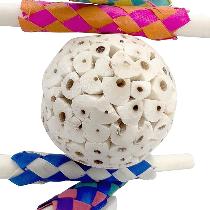 1115 Sola Stickler - Handcrafted Chewable Hanging Bird Toy, Natural Sola Wood Logs, Colorful Bamboo Finger Traps, Handmade Sola Wood Ball, Foraging Fun for Small Size Birds