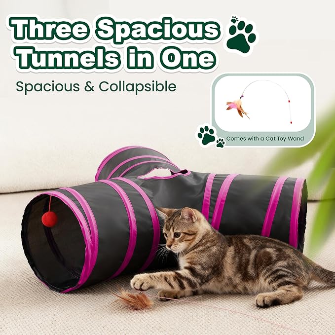 Love’s Cabin Cat Tunnel for Indoor Cats, 3-Way Collapsible Play Tunnel with Teaser Wand, Peek Holes & Toy Ball, Small Pet Toy for Kittens & Rabbits, Black & Rose Red, Small Size