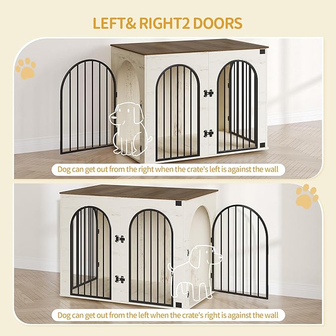 44.1" Wooden Dog Crate Furniture, Indoor Dog Kennel Dogs Cage for Small/Medium/Large Dogs, Heavy Duty Dog Crates Decorative Pet House End Side Table TV Stand, White Brown DFC83914B
