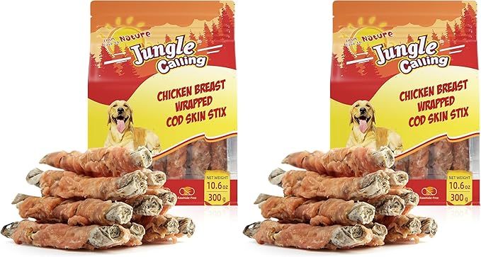 Jungle Calling Dog Treats, High Protein Dog Chewy Treats Health Teeth and Coat, Chicken Wrapped Cod Skin Sticks, Rawhide-Free Cod Fish Skin Snacks for Dogs, 10.6 oz (Pack of 2)
