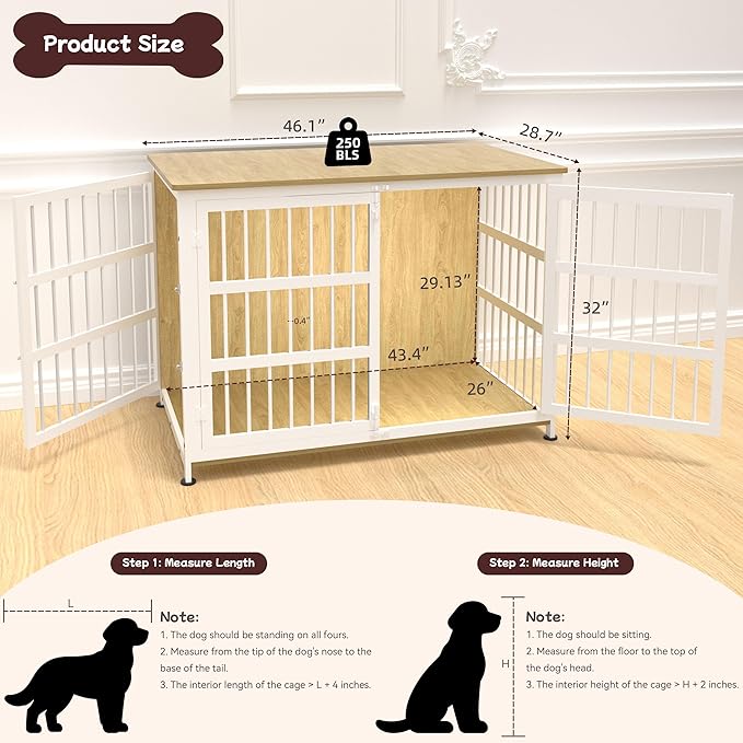 46'' Dog Crate Furniture Large Breed Dog Crate Dog Kennels for Inside Wooden Dog Crates End Table Heavy Duty Indoor Combination Cage for Medium to Large Dogs Oak