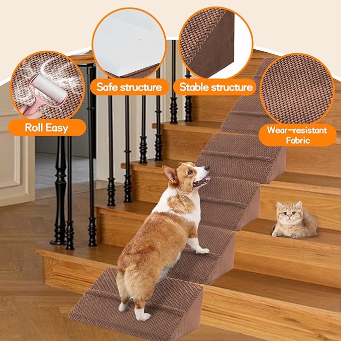 Upgrade Non-Slip Dog Ramps/Stairs for Staircase, Foam Dog Ramps for Stairs Inside House, Foam Pet Ramps for Small Dogs, Stair Ramp for Injured Dogs Cats with Self-Sticky Pads to Fix, 6 Pack