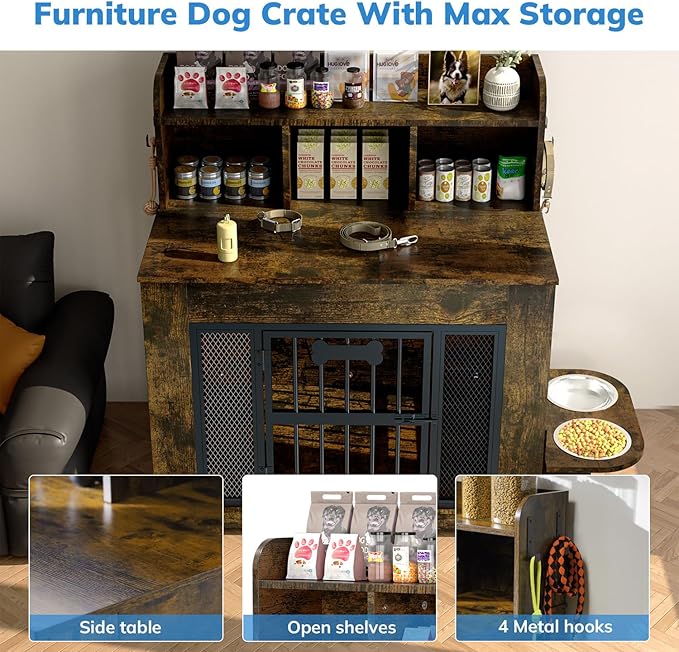 Petrova 33" Dog Crate Furniture for 1 Dogs, Heavy Duty Indoor Dog Kennel for Small/Medium Dogs, Wooden Dog Cage with 2 Stainless Steel Bowls, 4 Hooks, LED Light, Brown