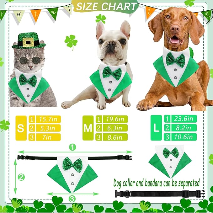 2 PCS St. Patrick's Day Costume Dog Bandana Collar and Pet Top Hat Buckle Green Dog Bow Tie Formal Tux Clothes with D-Ring Irish Tuxedo Saint Patrick Outfits for Dogs Puppy Cat Party Dress (Small)