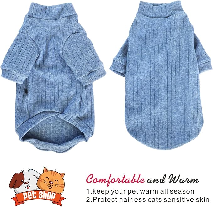 Idepet Sphynx Hairless Cats Sweater Shirt Kitten Soft Puppy Clothes Pullover Cute Cat Pajamas Jumpsuit Cotton Apparel Pet Winter Turtleneck for Cats and Teacup Chihuahua(2 Pack-Blue&Pink,XXL)