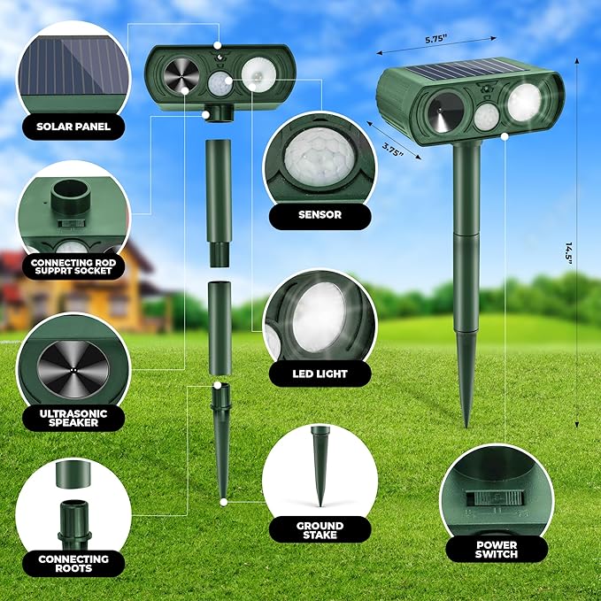 Solar Powered Ultrasonic Animal Repellent, Waterproof Motion Detection System, Yard Farm Garden Outdoor Deterrent Squirrel Rabbit Bird Dog Cat with LED Flashing Lights
