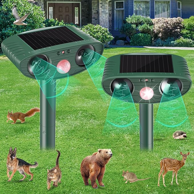 Cat Repellent Outdoor, Solar Ultrasonic Animal Repellent, Squirrel Repellent, Raccoon Deterrent, Waterproof Dog Repellent, Deer, Skunk, Mole Repellent, Motion Detector and LED Flashing Light (2)